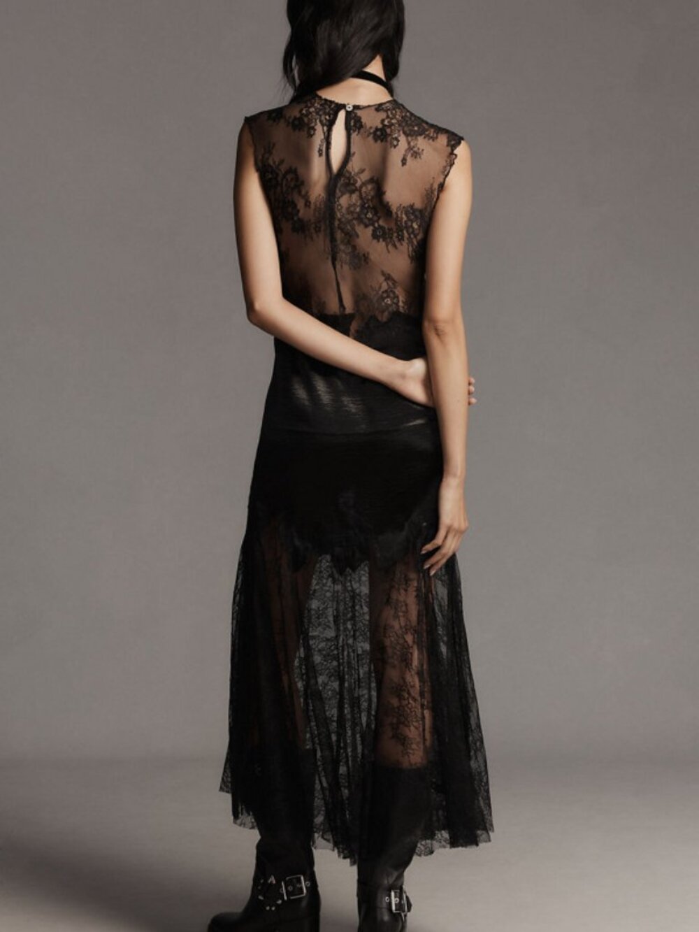 Anthropologie Black Lace Slim Midi Dress Size Medium 36621 - Picture 4 of 13